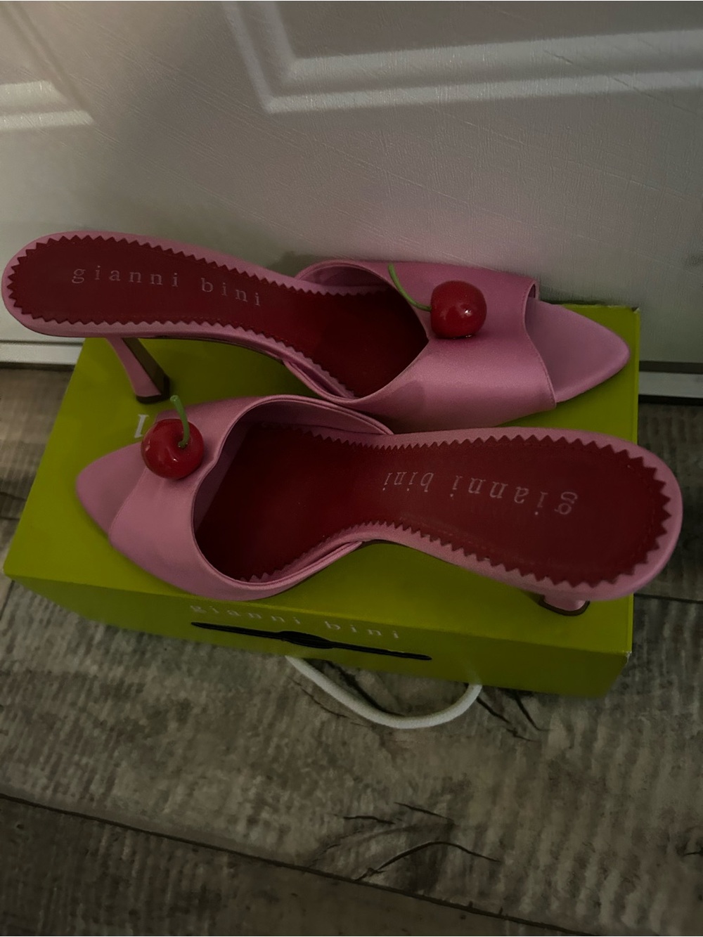 Gianni Bini Pink Satin Open-Toe Mules with Cherry Accent